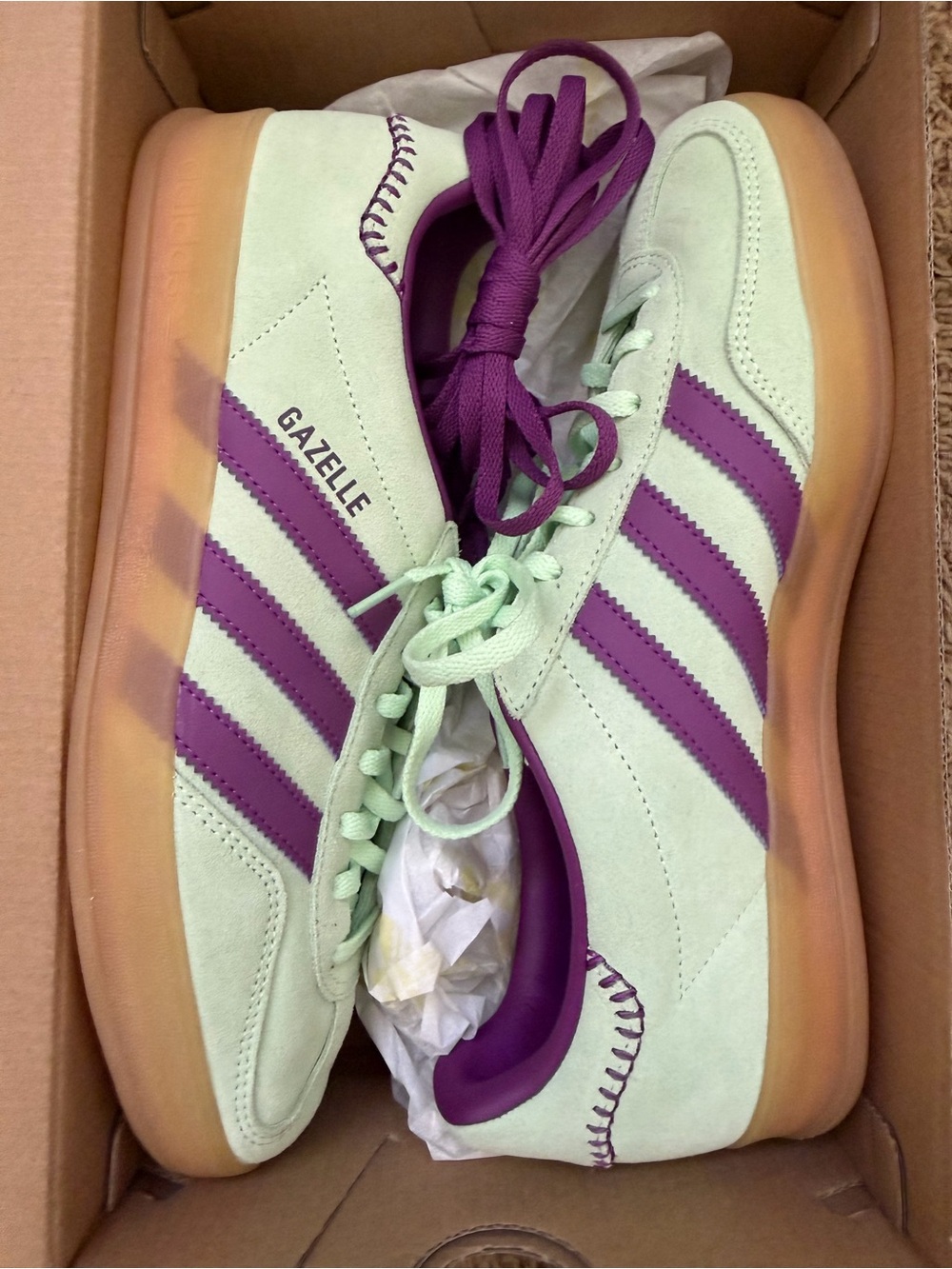 adidas Gazelle Indoor Women’s Mint Green and Purple Suede Sneakers NEW